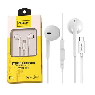 Foneng T15 Type-C Stereo Earphones – Wired In-Ear Headphones with Mic, White